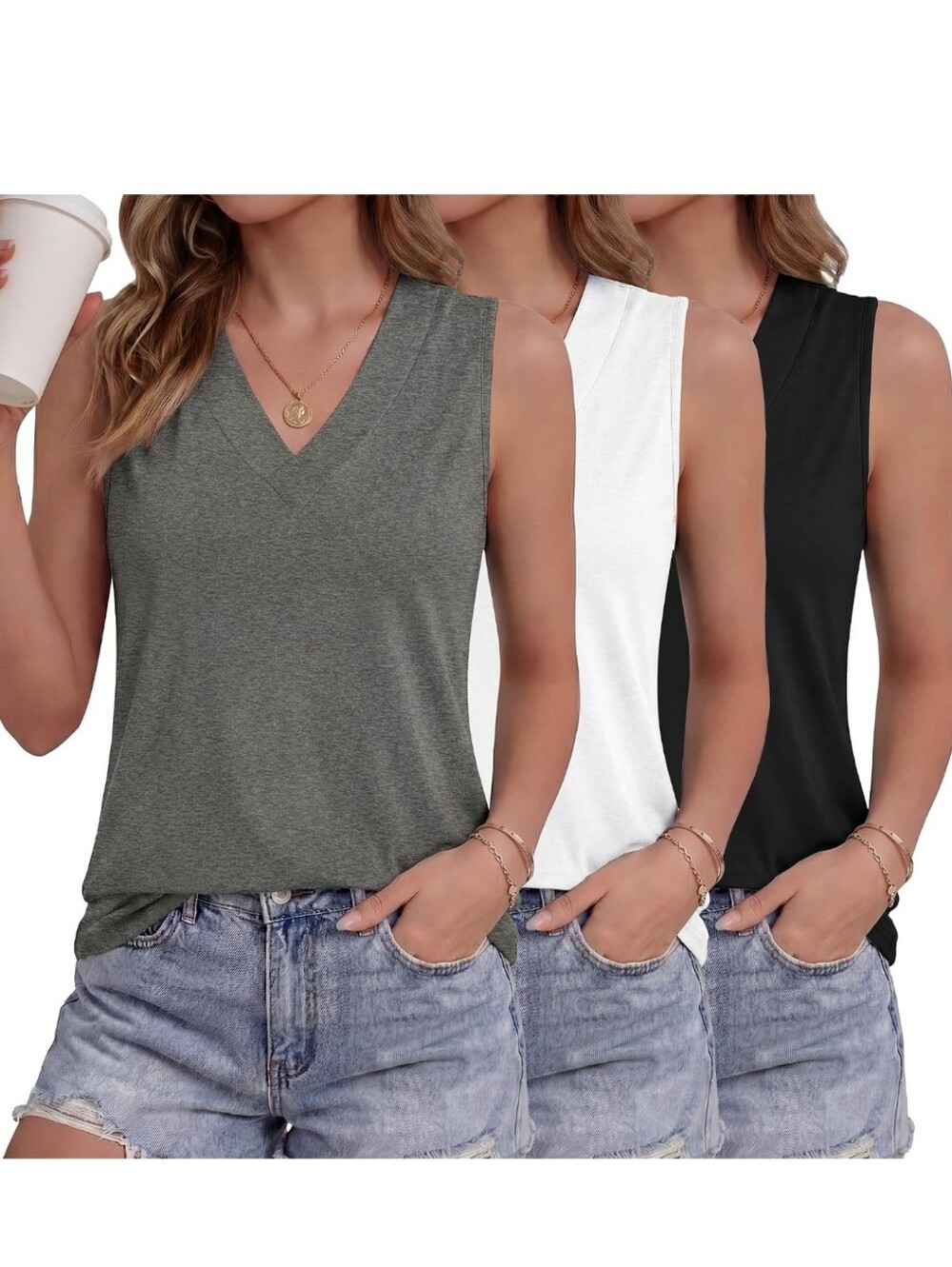 V-Neck Sleeveless Tank Top - Gray, White & Black